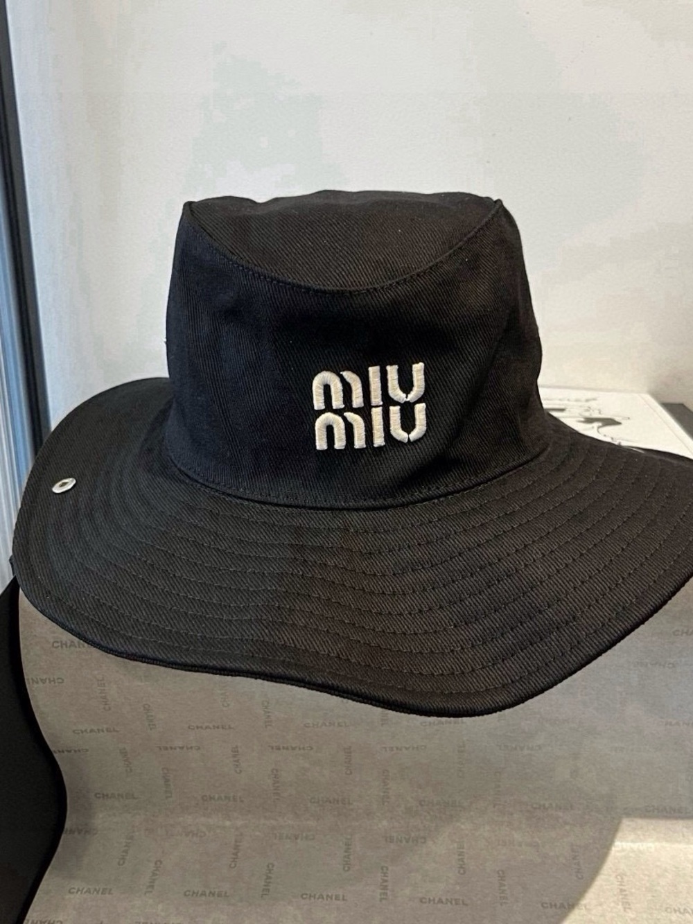 Miu Miu Black Canvas Bucket Hat with White Embroidered Logo - Picture 2 of 6
